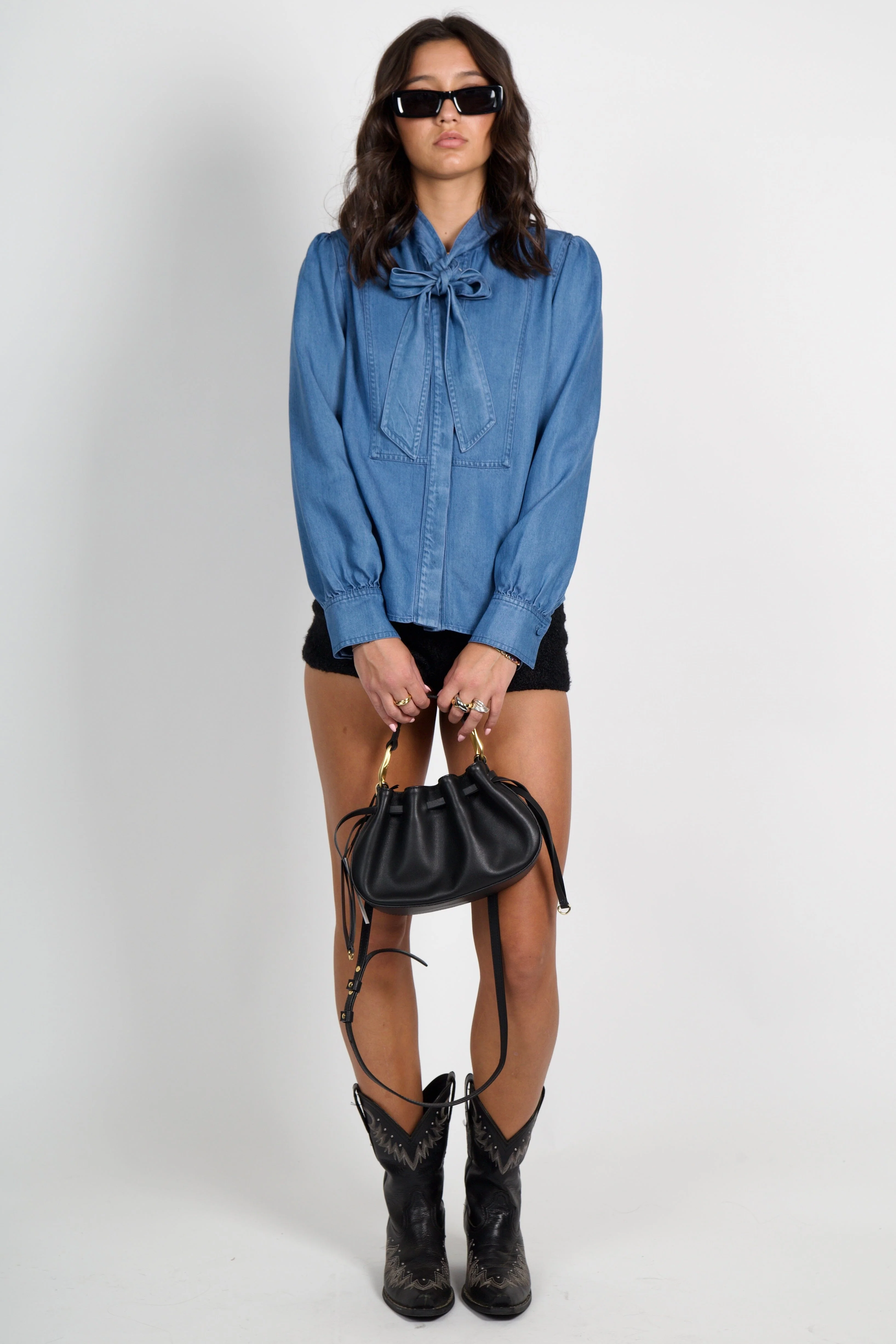 DEREK LAM | Majah Tencel Tie Neck Shirt- Denim - Image 3