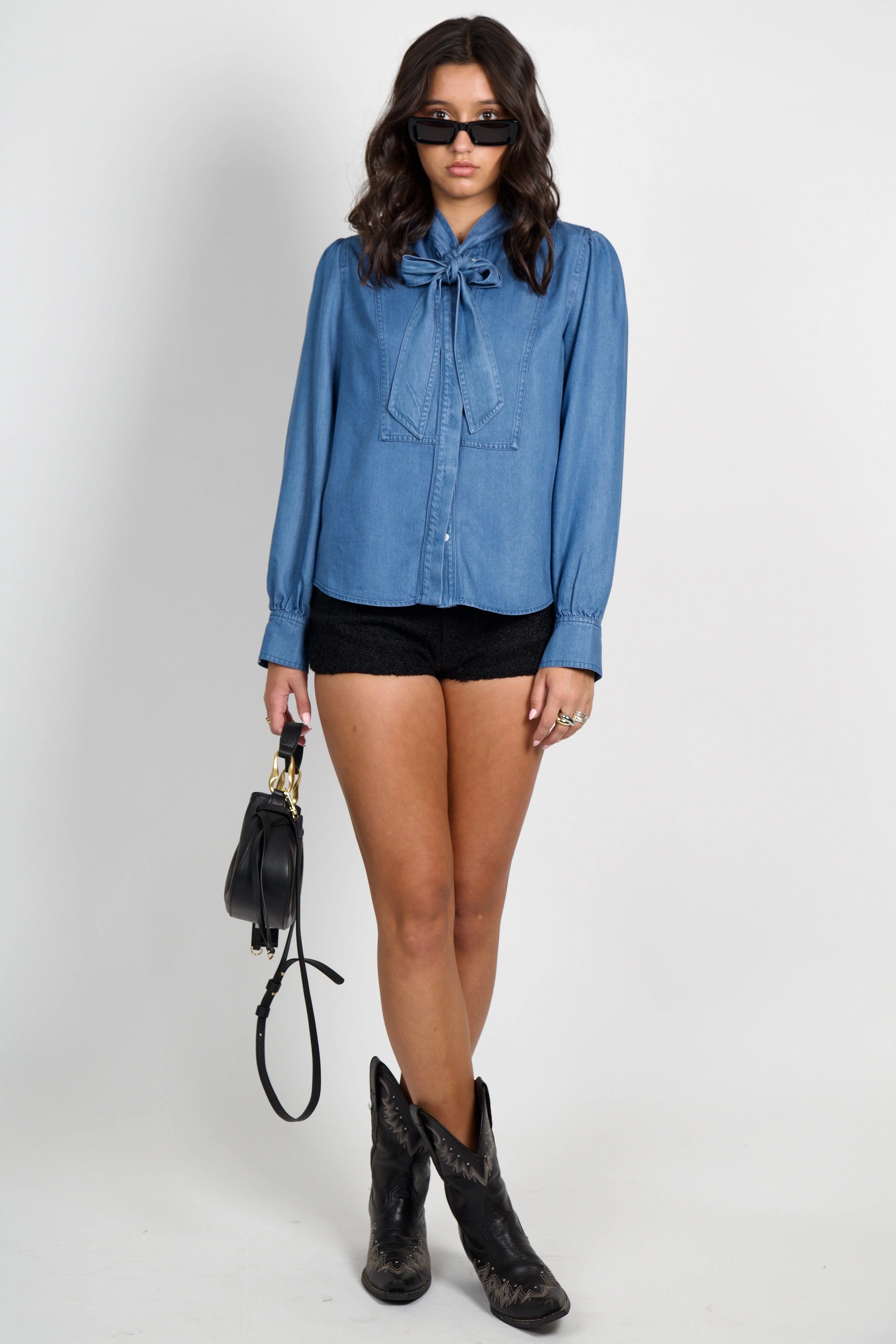 DEREK LAM | Majah Tencel Tie Neck Shirt- Denim - Image 5